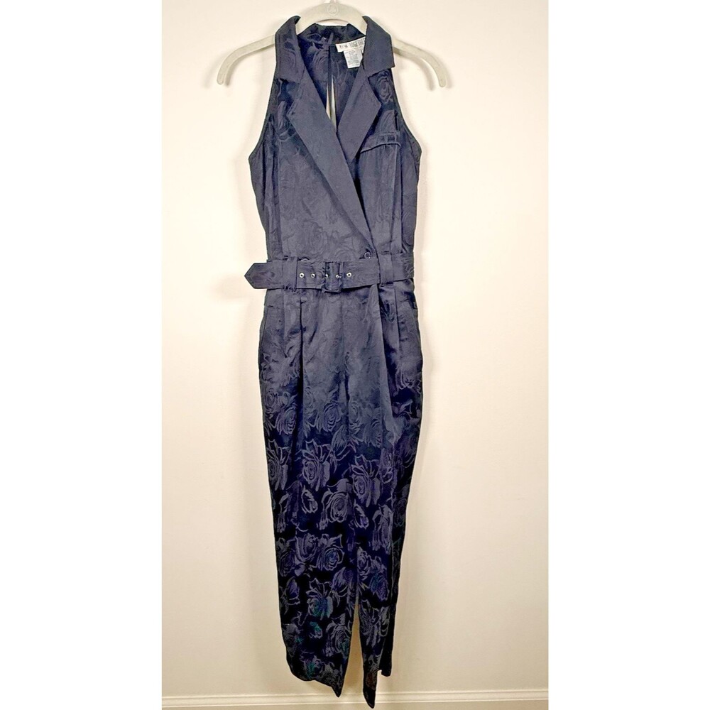 Together! Black Floral Jacquard Collared Sleeveless Belted Jumpsuit 6P